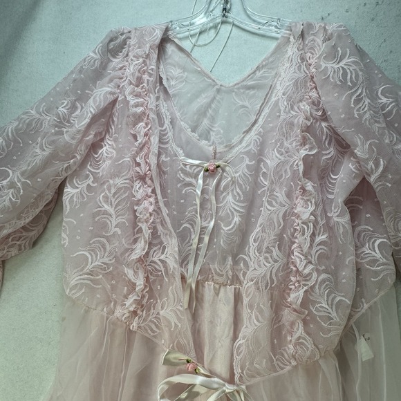 Vintage Tosca Long 2 Pc Nightgown Peignoir Robe Set Small Nylon Pink Lace - Picture 8 of 13